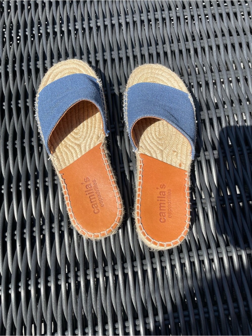 Blue Canvas Espadrille Slide Sandals with Leather Footbed